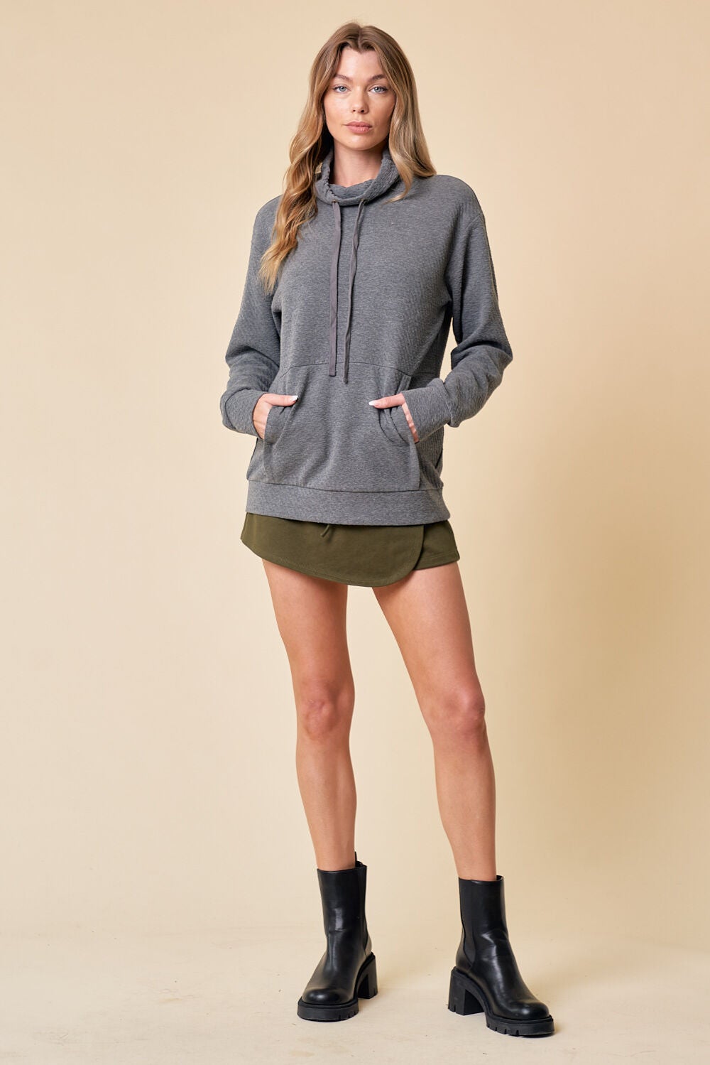 Drawstring Cowl Neck Pullover - Charcoal